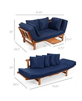 Best Choice Products Outdoor Convertible Acacia Wood Futon Sofa w/ Pullout Tray, 4 Pillows, All-Weather Cushion - Navy