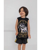 Dc Comics Toddler Boys Justice League Batman T-Shirt Tank Top and Mesh Shorts 3 Piece Outfit Set to