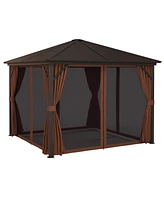 Outsunny 10' x Aluminum Hardtop Gazebo Canopy with Hook, Curtains, Dark Brown