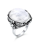 Bling Jewelry Leaf Large Oval Natural Moonstone Statement Ring Western Jewelry For Women .925 Sterling Silver