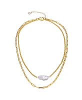 Genevive Sterling Silver 14K Yellow Gold Plated Genuine Freshwater Pearl Lobster Claw Layered Necklace