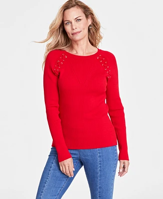 I.n.c. International Concepts Women's Lace-Up Ribbed-Knit Sweater, Created for Macy's