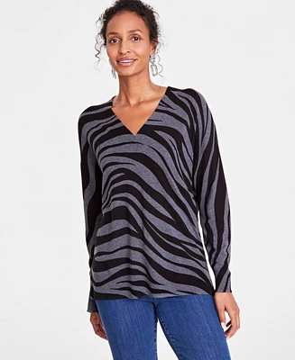 I.n.c. International Concepts Women's Zebra-Print V-Neck Sweater, Created for Macy's