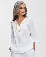 Jm Collection Women's Cotton Embellished Split-Neck Top, Exclusively at Macy's