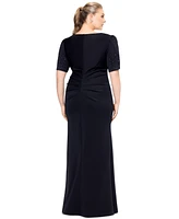 Xscape Plus Pleated-Waist Studded-Sleeve Gown