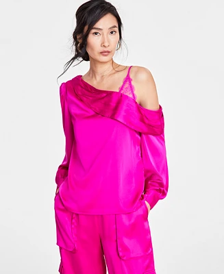 I.n.c. International Concepts Women's Lace-Shoulder Long-Sleeve Blouse, Created for Macy's
