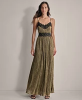 Dkny Women's Pleated Metallic Lace-Trim Sleeveless Gown