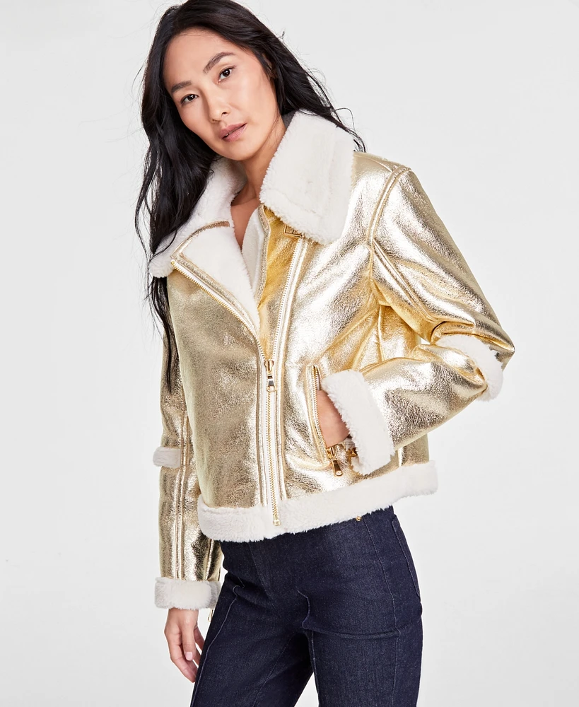 I.n.c. International Concepts Women's Cropped Metallic Aviator Jacket, Created for Macy's