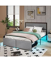 Gymax Full Size Bed Frame w/ 2 Storage Drawers Led Lights Slats Support Modern