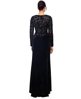 Betsy & Adam Petite Embroidered Velvet Evening Gown