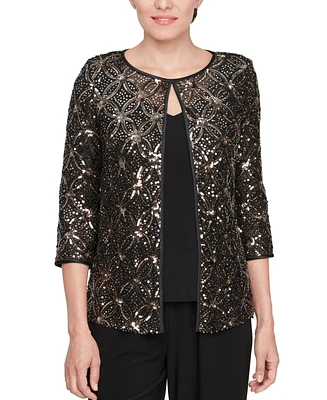 Alex Evenings Women's Sequinned Flyaway 3/4-Sleeve Top