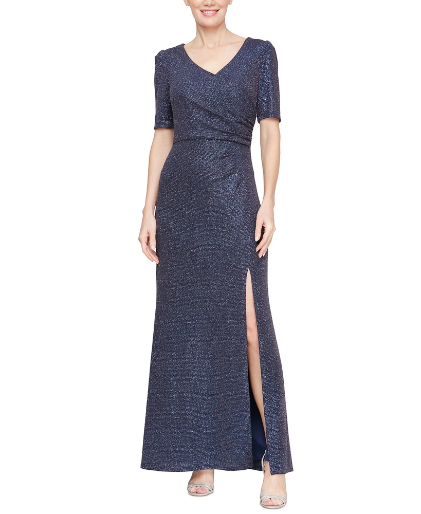 Alex Evenings Petite Metallic High-Slit Evening Gown