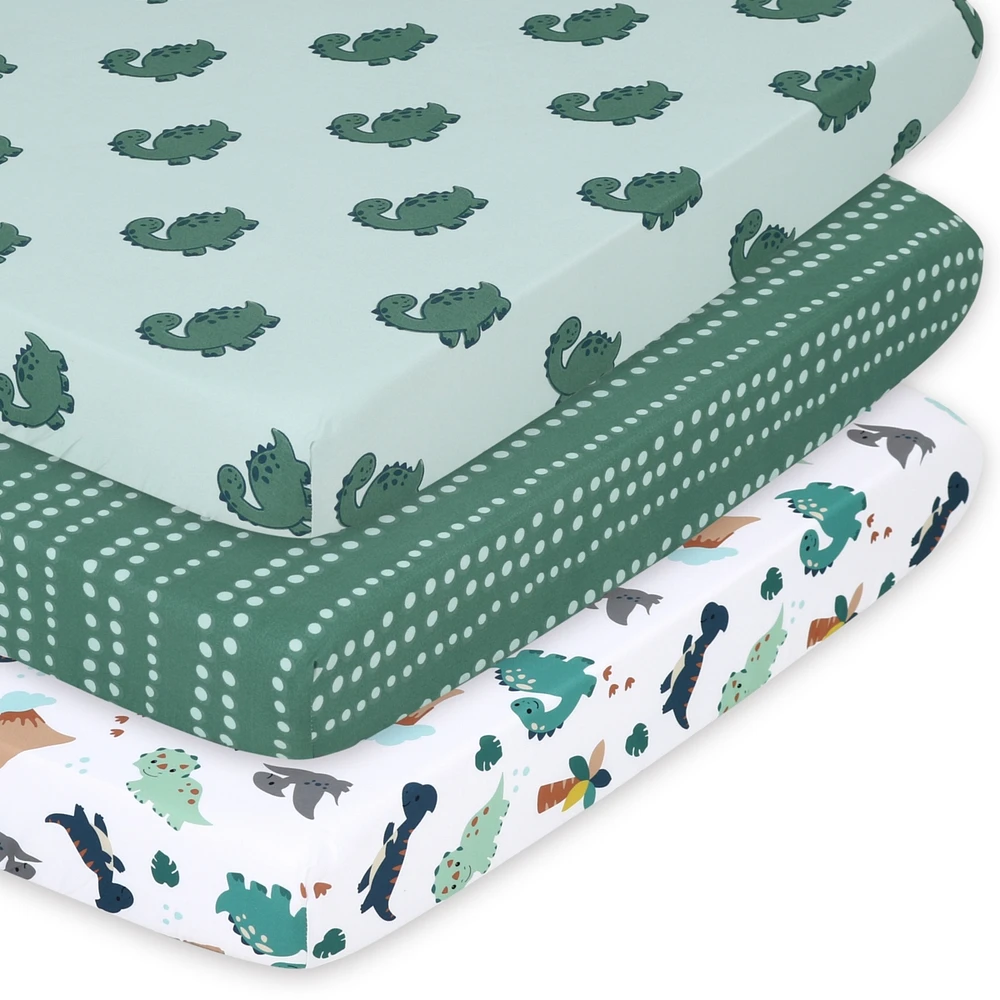 The Peanutshell Green Dino 3-Pack Fitted Playard Sheets