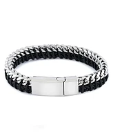 Rhona Sutton Silver Stainless Steel Contemporary Threaded Leather and Chain Bracelet