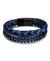 Rhona Sutton Blue Tigers Eye Weaved Leather Stainless Steel Bracelet