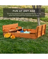 Best Choice Products 47x47-Inch Kids Wooden Outdoor Sandbox w/ 2 Foldable Bench Seats, Sand Protection, Liner