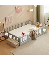 Slickblue Grey Painted Pine Full Fence Bed with Door and Board for Kids