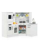 Gymax Kids Corner Kitchen Playset Wooden Pretend Play Toy with Microwave White