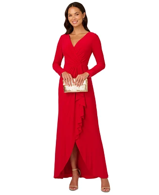 Adrianna Papell Women's Surplice-Neck Long-Sleeve Ruffle Gown