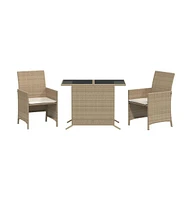 vidaXL 3 Piece Bistro Set with Cushions Beige Poly Rattan