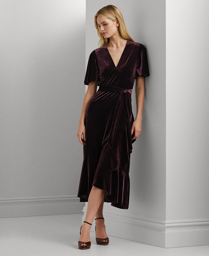 Lauren Ralph Women's Belted Velvet Flutter-Sleeve Dress