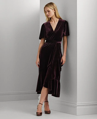 Lauren Ralph Lauren Women's Belted Velvet Flutter-Sleeve Dress