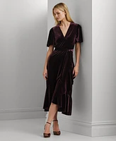 Lauren Ralph Women's Belted Velvet Flutter-Sleeve Dress