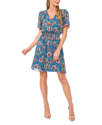 CeCe Women's Floral V-Neck Short Flutter-Sleeve Dress