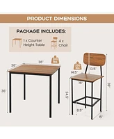 Sugift 5 Pieces Industrial Dining Table Set with Counter Height and 4 Bar Stools-Dark Brown