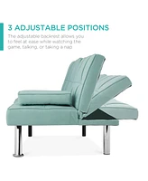 Best Choice Products Modern Linen Convertible Futon Sofa Bed w/ Removable Armrests, Metal Legs, Cupholders