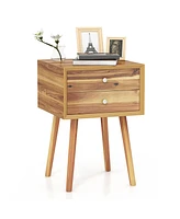 Gymax 2PCS Wooden Nightstand Mid-Century End Side Table W/2 Storage Drawers Natural