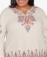 Alfred Dunner Plus Harvest Moon Medallion Embroidered Flutter Sleeve Top