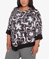 Alfred Dunner Plus Runway Ready Floral Geometric Top with Necklace