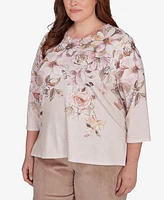 Alfred Dunner Plus Telluride Falling Floral Lace Crew Neck Top