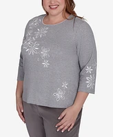 Alfred Dunner Plus Copenhagen Diagonal Flower Embroidered Crew Neck Top