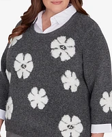 Alfred Dunner Plus Copenhagen Floral Collared Two One Sweater