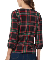 Jones New York Women's Plaid-Print Puff-Sleeve Top