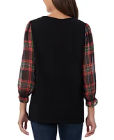 Jones New York Women's Plaid-Sleeve Crewneck Top