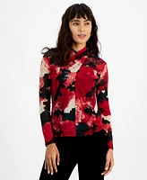 Bar Iii Women's Printed Twist-Neck Long-Sleeve Mesh Top, Created for Macy's