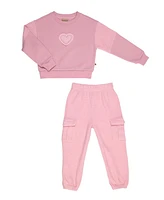 Bearpaw Toddler Girls 2 Piece Waffle Sweatshirt w Cargo Joggers and Hair Ties Outfit Set