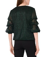 Msk Women's Metallic Mesh Lantern-Sleeve V-Neck Top