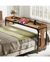 Tribesigns Overbed Table with Wheels, 71" Queen Size Bed Table with Adjustable Tilt Board, Mobile Laptop Cart with Outlets & Usb Ports