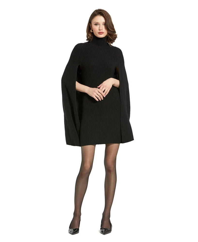 Mac Duggal Women's Turtle Neck Knit Cape Mini Dress