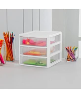 Sterilite ClearView Plastic Small 3 Drawer Desktop Storage Unit, White, 6 Pack