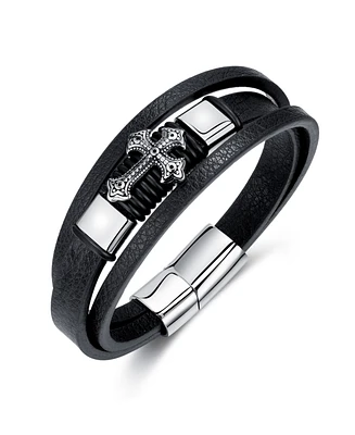 Rhona Sutton Cross Black Leather Stainless Steel Bracelet