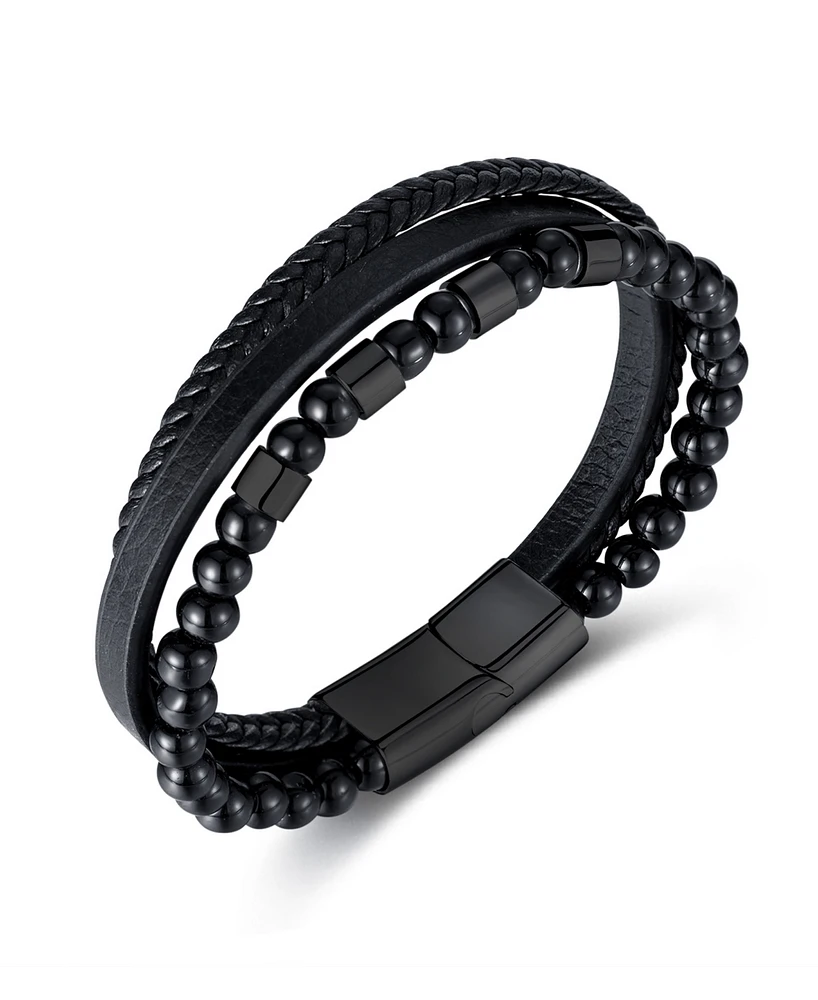 Rhona Sutton Black Leather Beaded Stainless Steel Bracelet