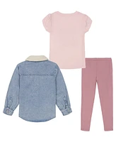 Calvin Klein Toddler and Little Girls Sherpa-Trim Denim Shacket, Short Sleeve Monogram Tee Ribbed Leggings, 3-Piece Set