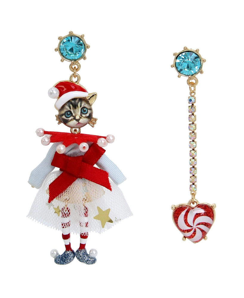 Betsey Johnson Faux Stone Jingle Bell Bling Christmas Cat Mismatch Earrings