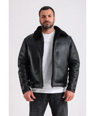 Furniq Uk Men's Leather Shearling Jacket, Black