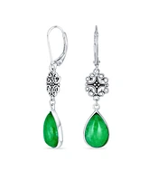 Bling Jewelry Dyed Green Jade Filigree Teardrop Pear Shaped Good Fortune Lever Back Dangle Earrings For Women .925 Sterling Silver